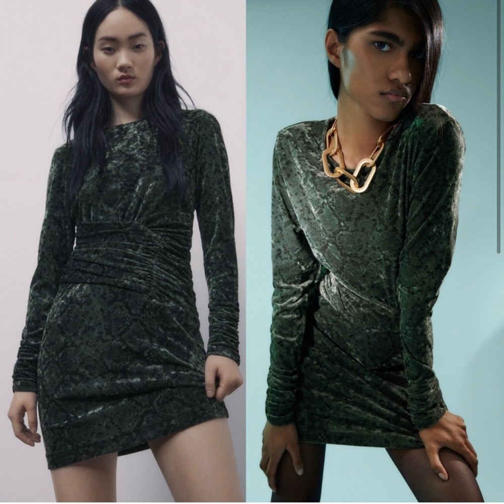 Zara Dark Green Velvet Long-Sleeve Ruched Mini Dress